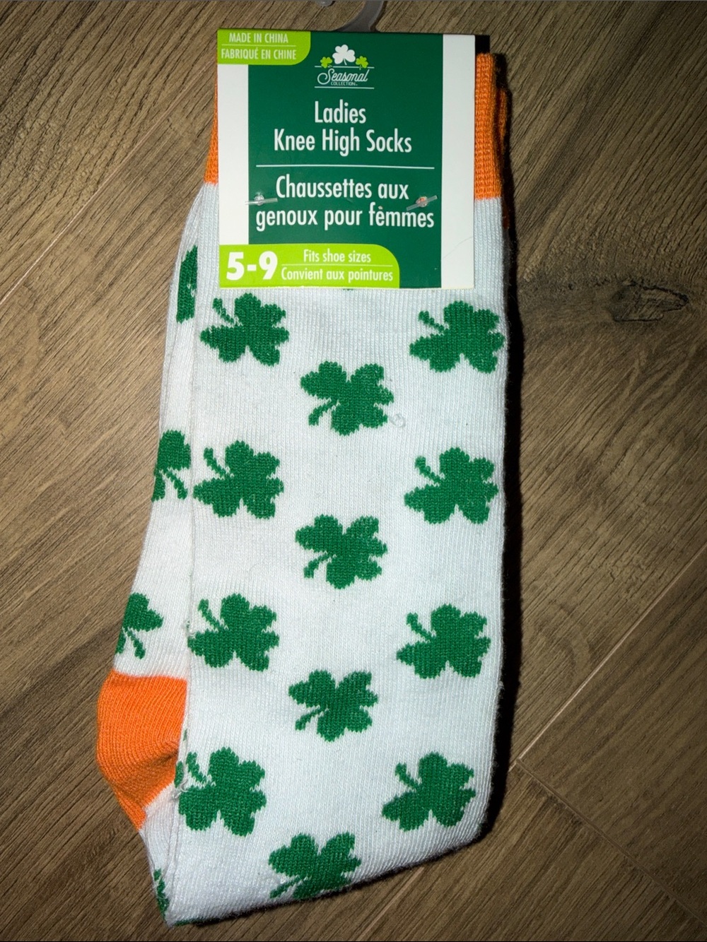 Ladies Knee High Socks with Green Shamrock Print -